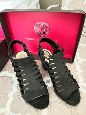 Vince Camuto Black Strappy Open-Toe Heels with Ankle Zipper